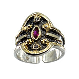 18K Gold over Silver Byzantine Cuff Ring with Synthetic Ruby and White Sapphire Stones