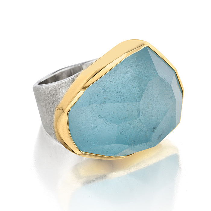 18K Gold & Sterling Silver Ring with Aquamarine