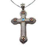 Large 18K Gold and Silver Byzantine Cross with Spinel Aqua and Rubies