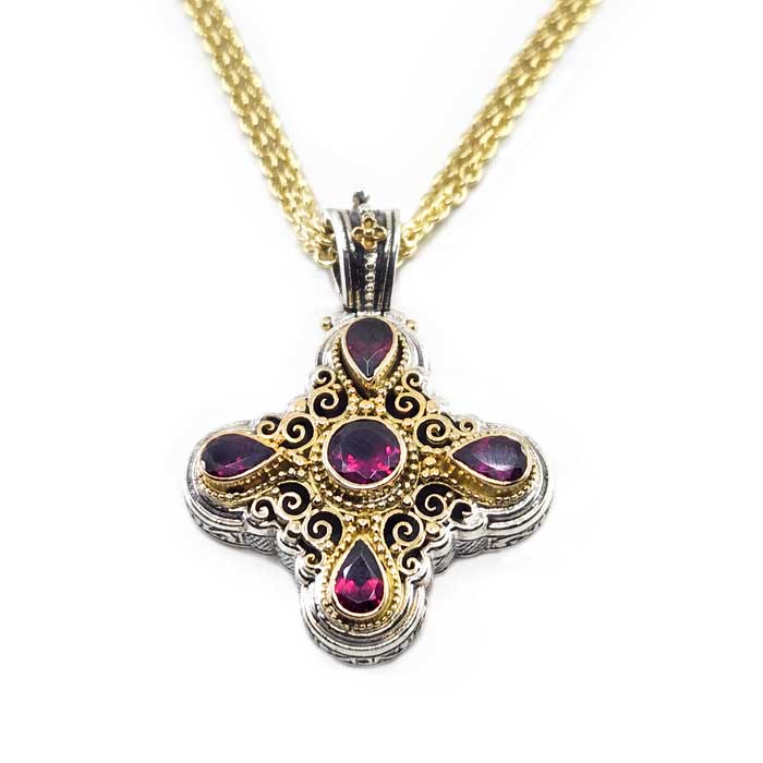 Byzantine Cross 18K Gold and Silver with Rhodolite Stone