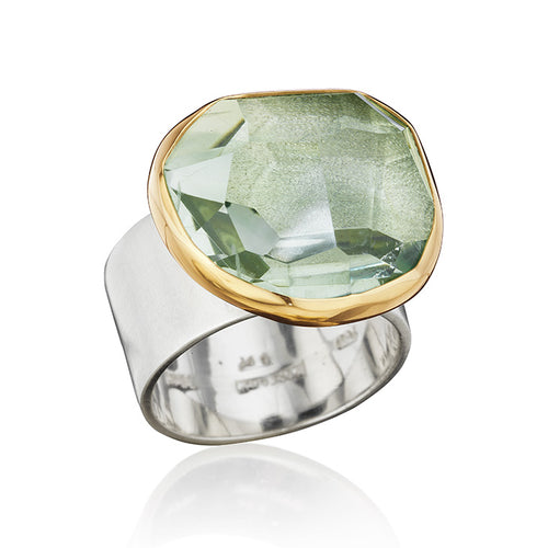 18K Gold & Sterling Silver Ring with Green Amethyst