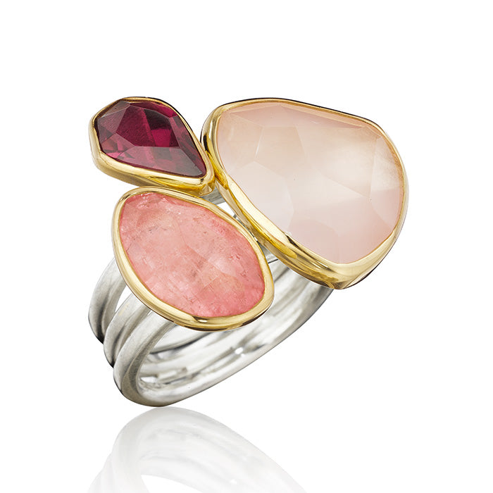 18K Gold & Sterling Silver Ring with Pink Tourmaline, Red Tourmaline, Rose Quartz