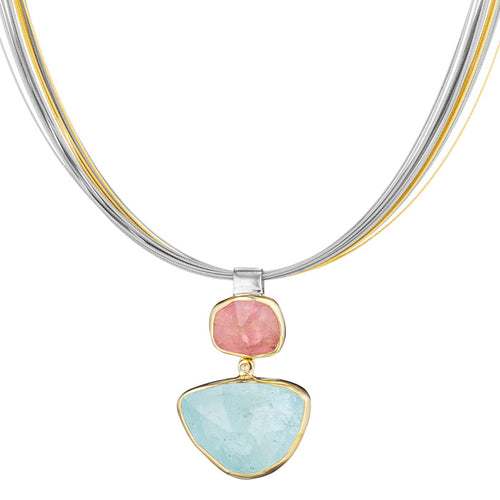18K Gold and Sterling Silver Pendant with Pink Tourmaline & Aquamarine