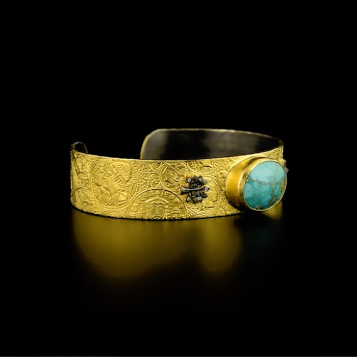 24K Gold over Silver Wide Cuff Bracelet with Turquoise and Diamonds