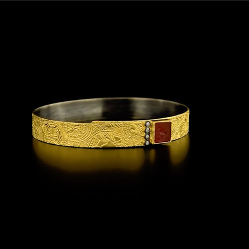 24K Gold over Silver Bangle Bracelet with Carnelian Stone and Diamonds