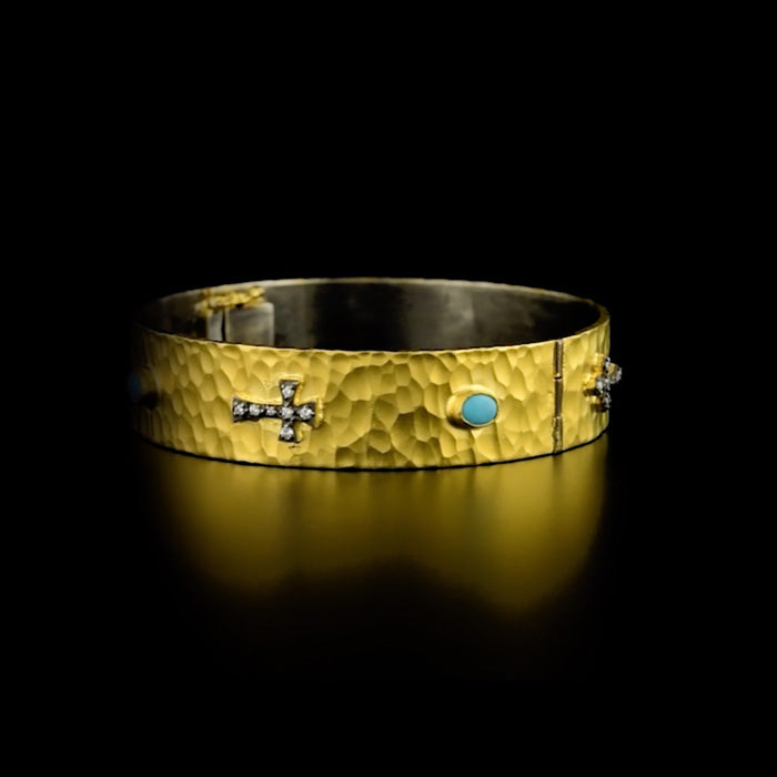 24K Gold over Silver Cross Bracelet with Turquoise and Diamonds