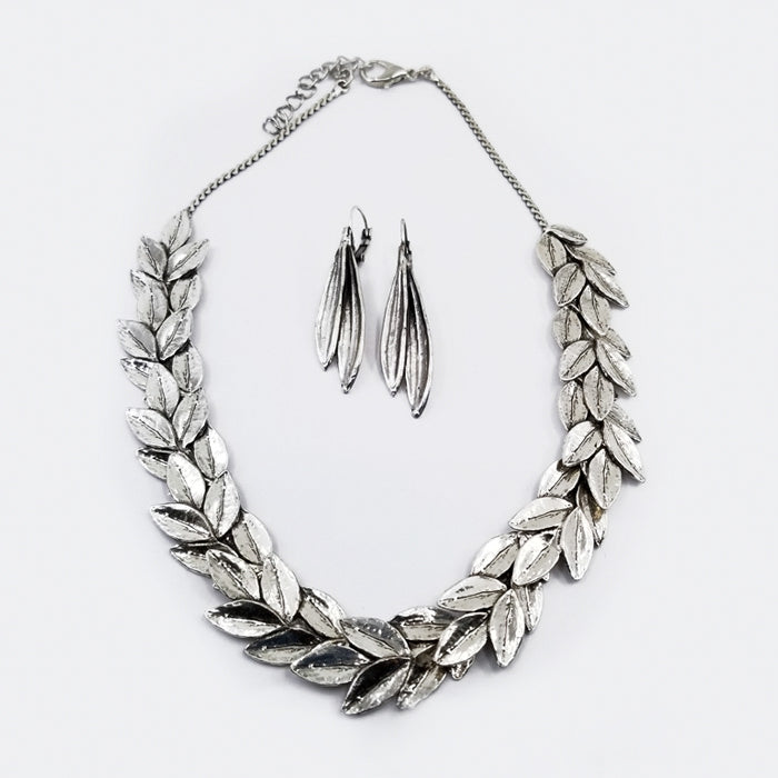 Silver Leaf Earrings and Necklace Set