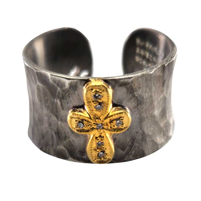 Anodized Cuff Ring with 24K Gold and Diamond Cross