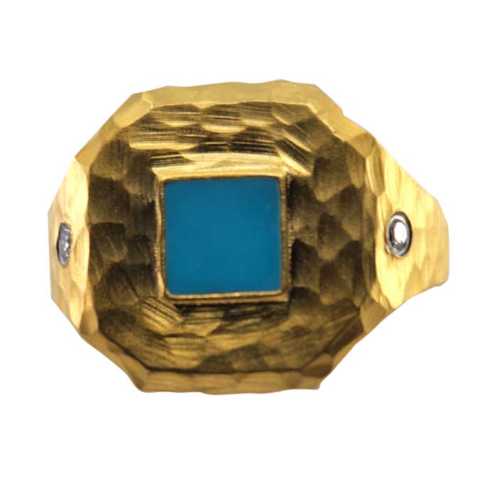 24K Gold and Anodized Silver Hammered Ring with Turquoise Stone and Diamonds