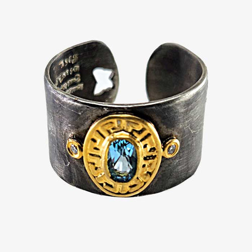 Anodized Silver Ring with Blue Topaz Stone and Diamonds set 24K