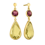18K Yellow Gold Earrings with Hand cut Pink Tourmaline and Lemon Quartz stones