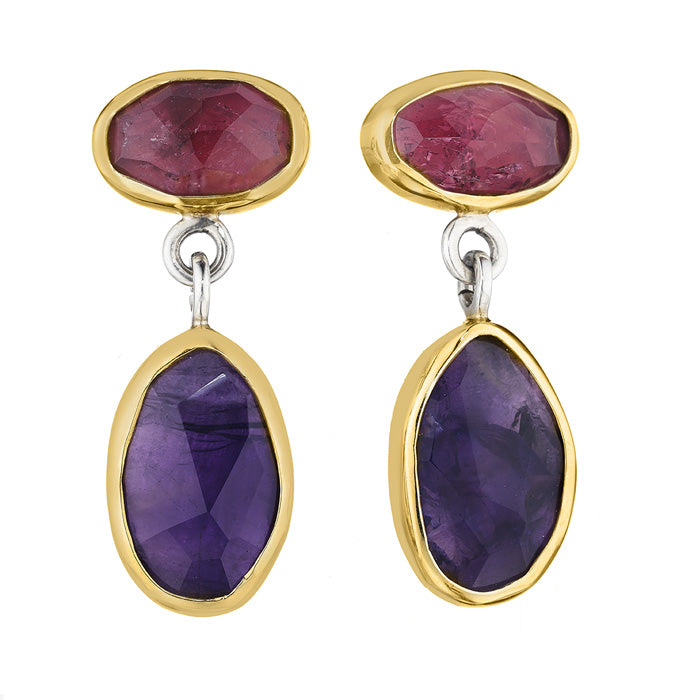 18K Yellow Gold Earrings with Hand cut Pink Tourmaline and Amethyst stones