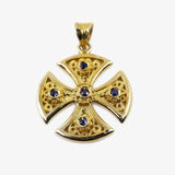 18K Gold Cross Filigree Style, 5 Sapphire Stones