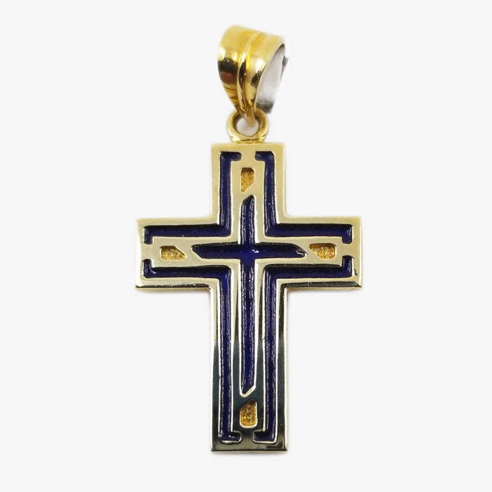 18Kt Solid Gold Cross with Navy Blue Enamel