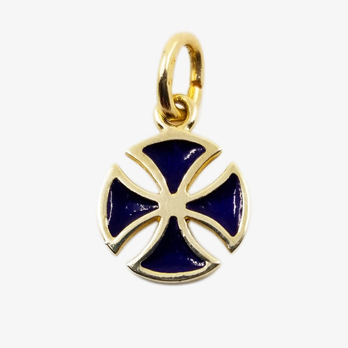 14K Solid Yellow Gold Cross, Navy Blue Enamel