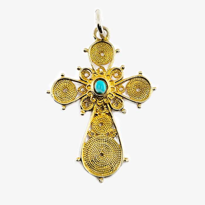 18K Gold Cross with Turquoise Filigree Style