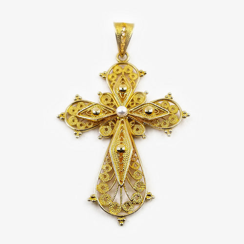 18K Filigree Style Cross, Pearl Center Stone