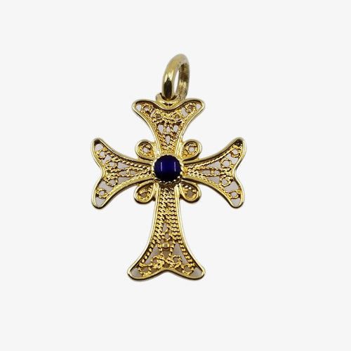 18K Gold Cross Filigree Style, Navy Blue Center Stone