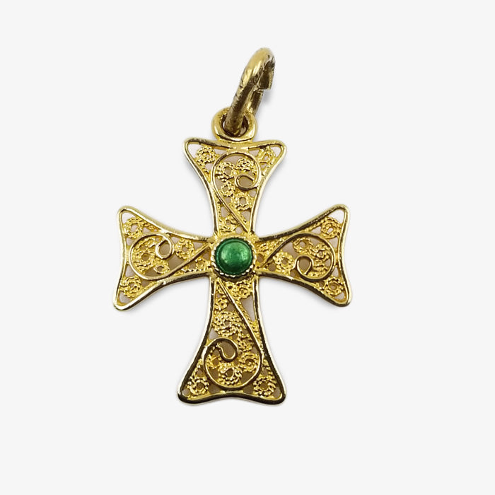 18K Gold Cross Filagree Style with Green Center Stone