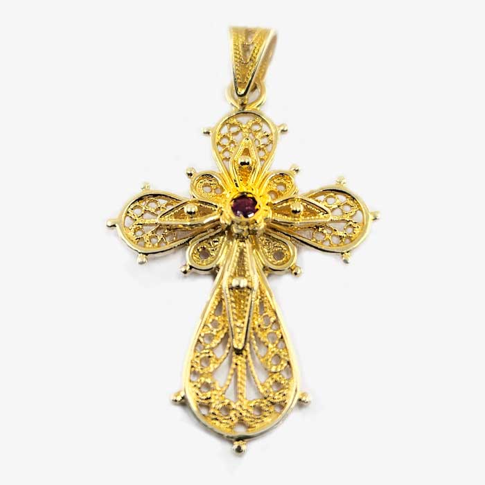 18K Gold Cross with Ruby Filigree Style