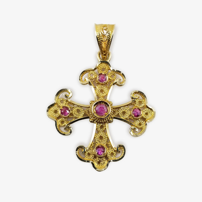 18K Gold Filigree Style Cross with 5 Pink Rubies