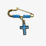 14K Gold Pin and Cross with Blue Enamel