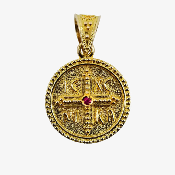 14K Yellow Gold Pendant, Front IC XC Red Ruby Stone