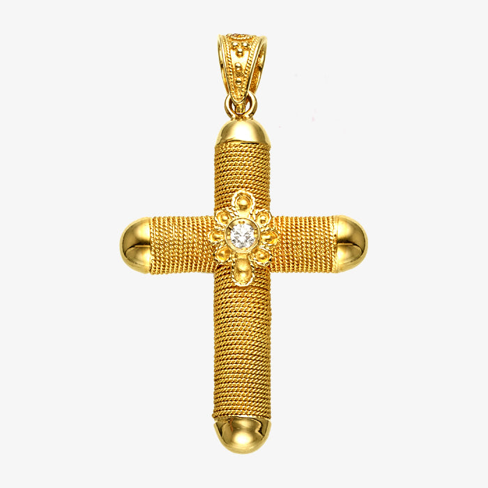 18K Solid Yellow Gold Wire Wrap Cross with Diamond