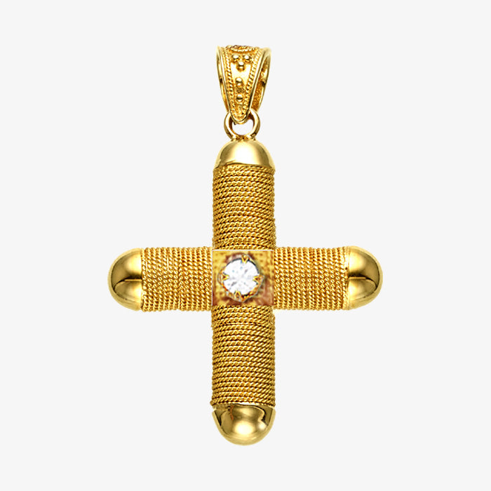 18K Solid Yellow Gold Wire Wrap Cross with Diamond