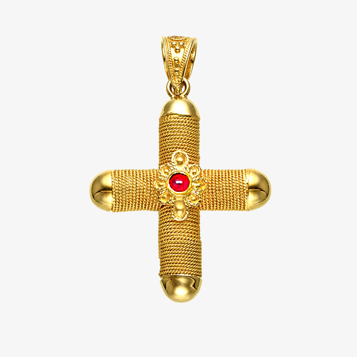 18K Solid Yellow Gold Wire Wrap Cross with Ruby stone