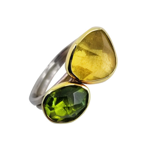 18K Gold Sterling Silver Ring with Peridot and Heliodor
