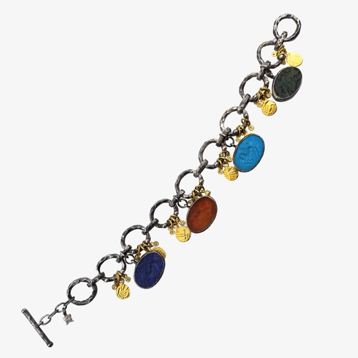 Rhodium Plated, 24K Gold Bracelet with Black Jade, Turquoise, Carnelian Stones and 24K Gold Accent Discs with diamonds