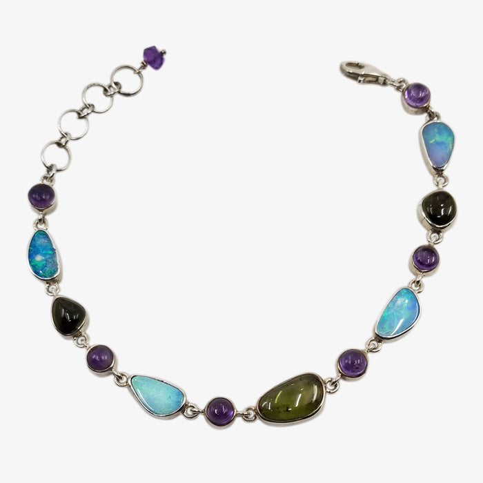 Sterling Silver Bracelet with Opal, Amethyst and Green Tourmaline