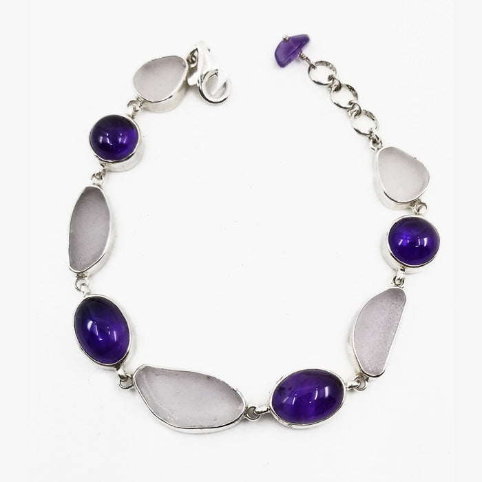Sterling Silver Bracelet with Lavender Sea Glass and Amethyst