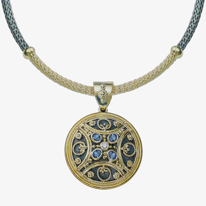 18Kt Yellow Gold Pendant with Black Platinum, Sapphires and Diamond