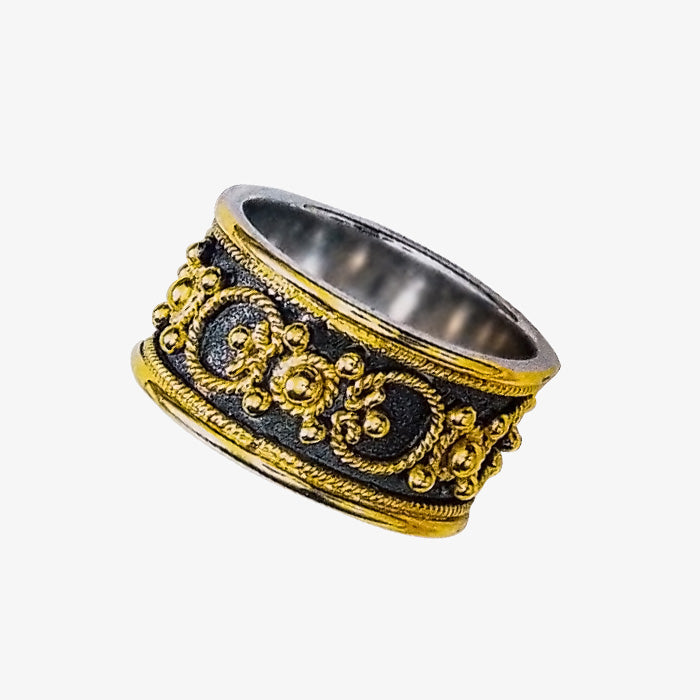 18Kt White Gold, Black Platinum Band Ring, Granulation Design