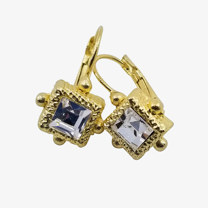 Square 14K Gold over Bronze Earrings with Crystal