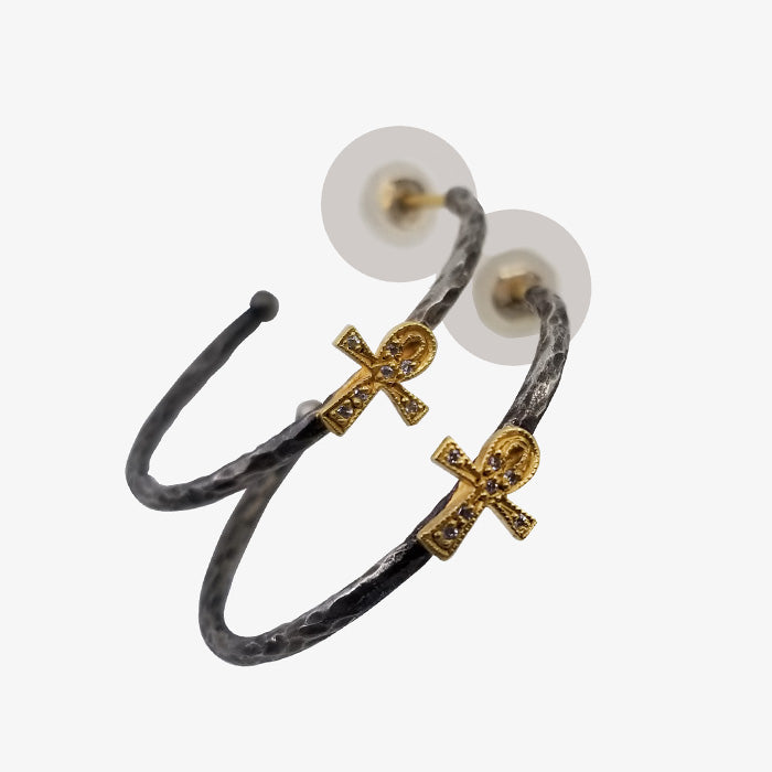 24K Gold Anodized Silver and Diamond Ankh Earrings