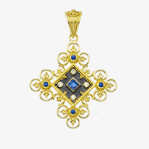 18K Yellow Gold Filigree Cross with Center Stone and Diamonds