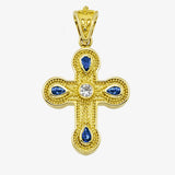 18K Solid Yellow Gold Cross with Sapphires, Emeralds or Rubies and Diamond center stone