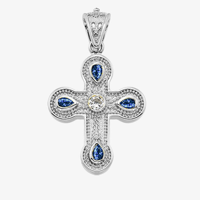 18K Solid White Gold Cross with Sapphires or Rubies and Diamond center stone