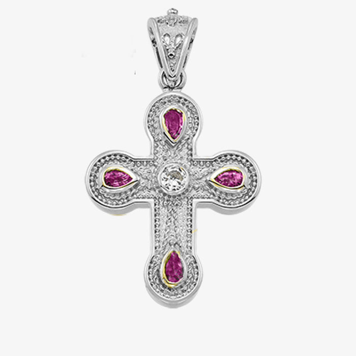 18K Solid White Gold Cross with Sapphires or Rubies and Diamond center stone