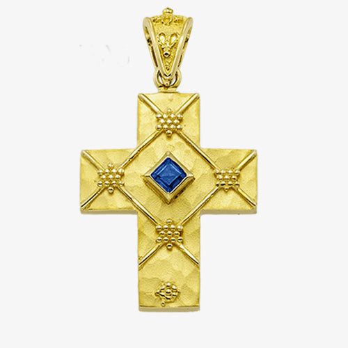 18K Solid Yellow Gold Cross with Sapphire, Emerald or Ruby stone