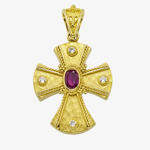 18K Yellow Gold Cross with Center Stone and Diamonds