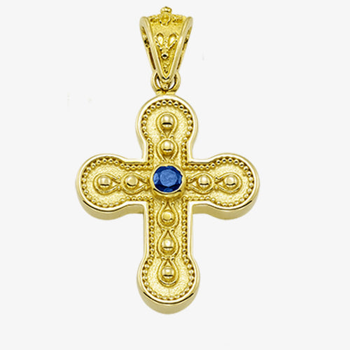18K Solid Yellow Gold Cross with Diamond, Sapphire, Emerald or Ruby stone