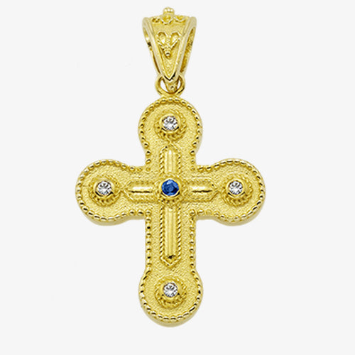 18K Solid Yellow Gold Cross with Sapphire, Emerald or Ruby with Diamonds