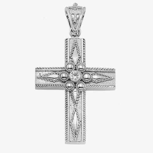 18K Solid White Gold Cross with Diamond