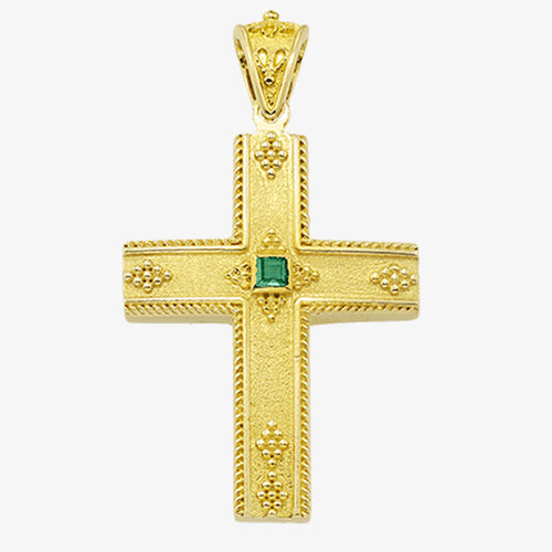 18K Solid Yellow Gold Cross with Sapphire, Emerald or Ruby stone