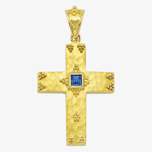 18K Solid Yellow Gold Cross with Sapphire, Emerald or Ruby stone