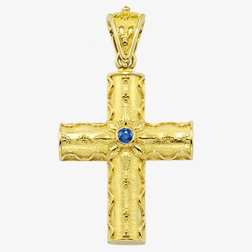 18K Solid Yellow Gold Cross with Sapphire, Emerald or Ruby stone